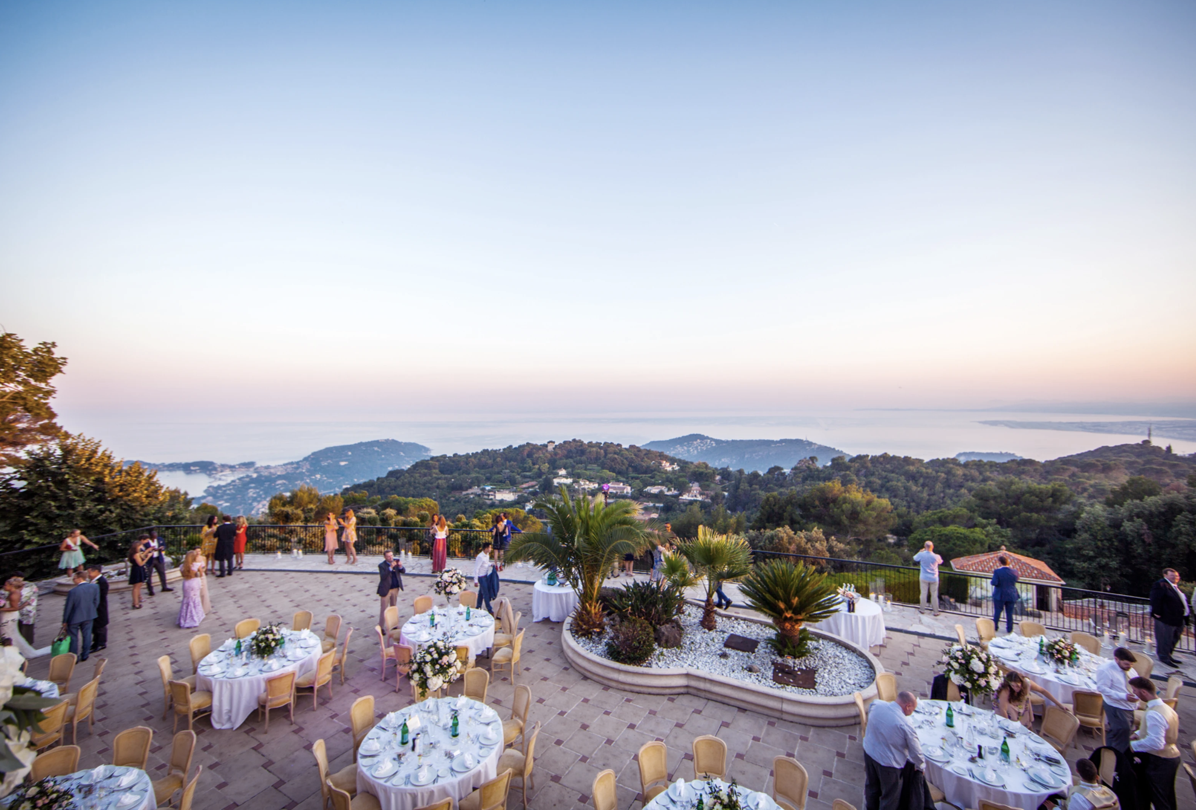 views from the wedding venue domaine du mont leuze in villefranche, France. The view overlooks the mediterranean sea and the french riviera from a high hill.