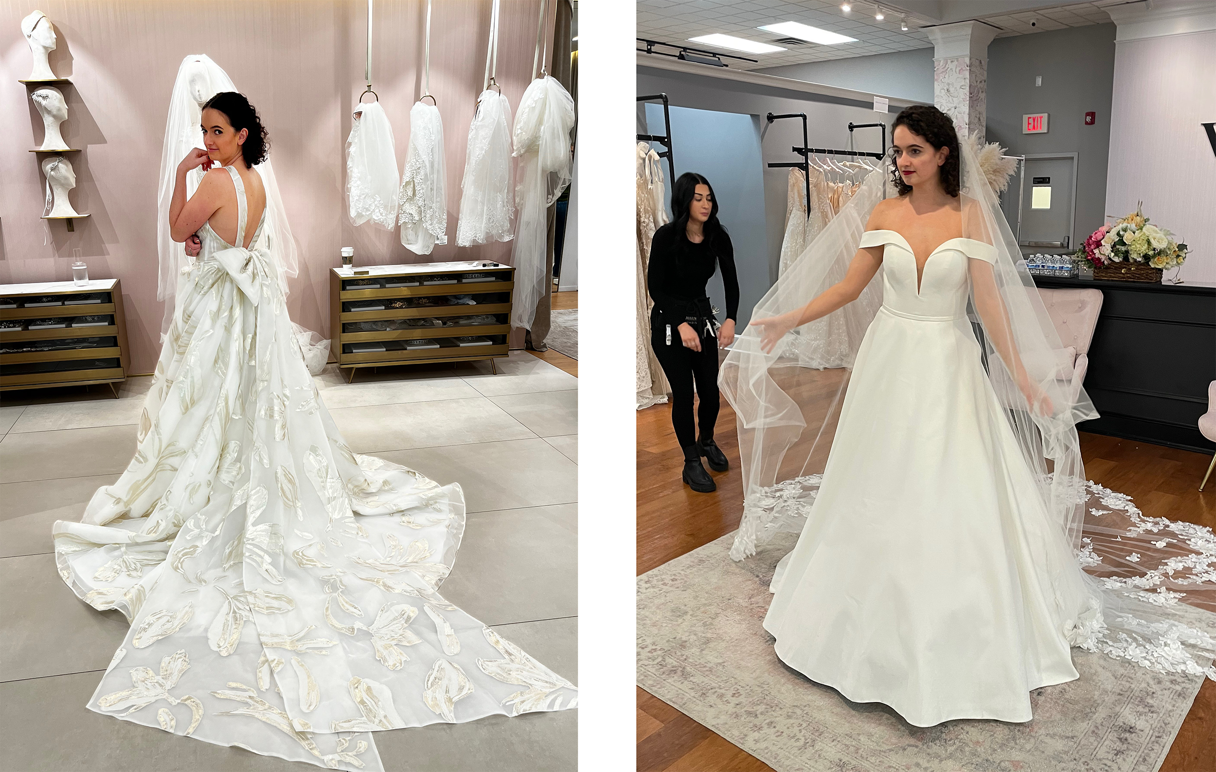 photo of a bride trying on dresses at top bridal stores in Massachusetts