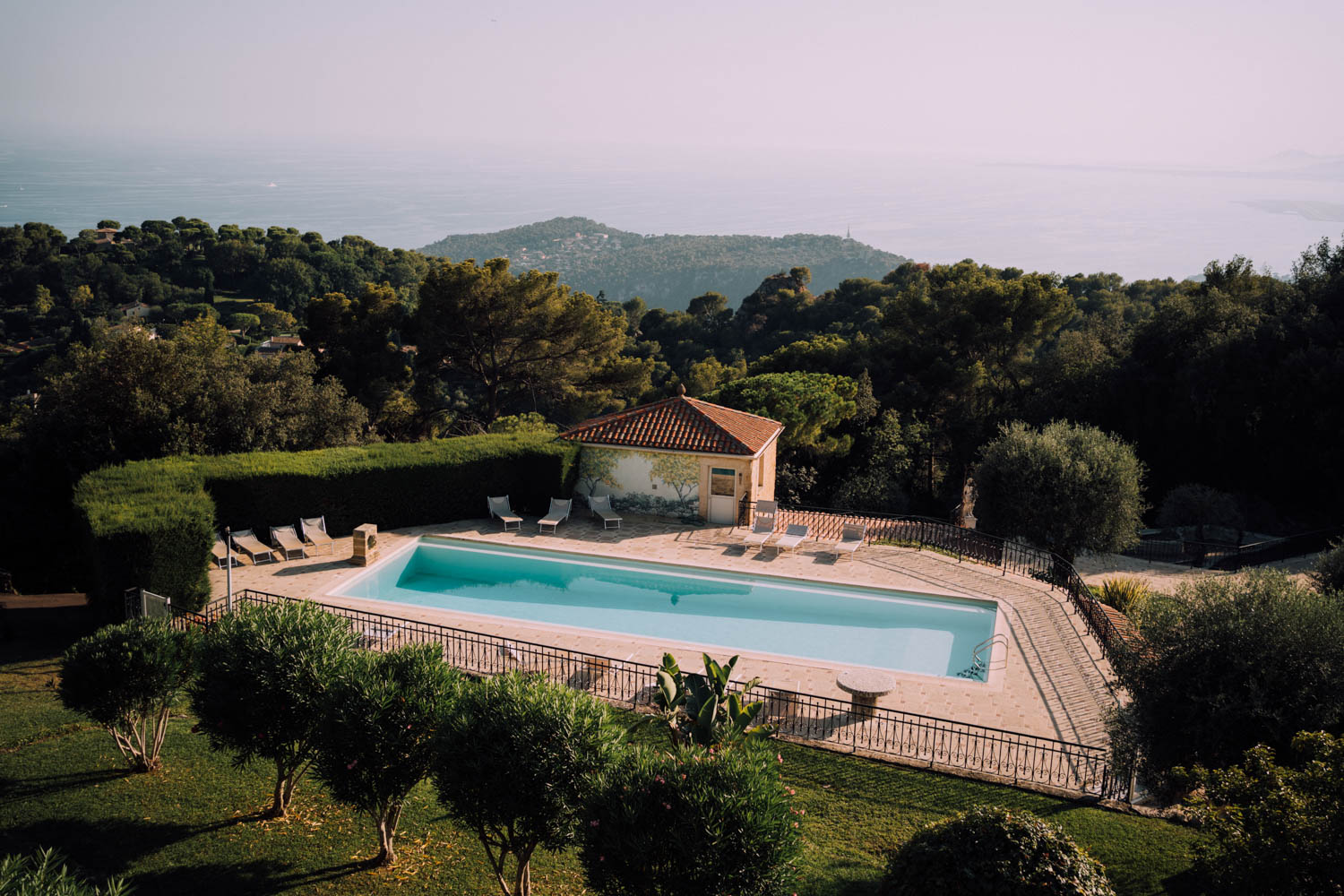 Details of the pool and view from a balcony